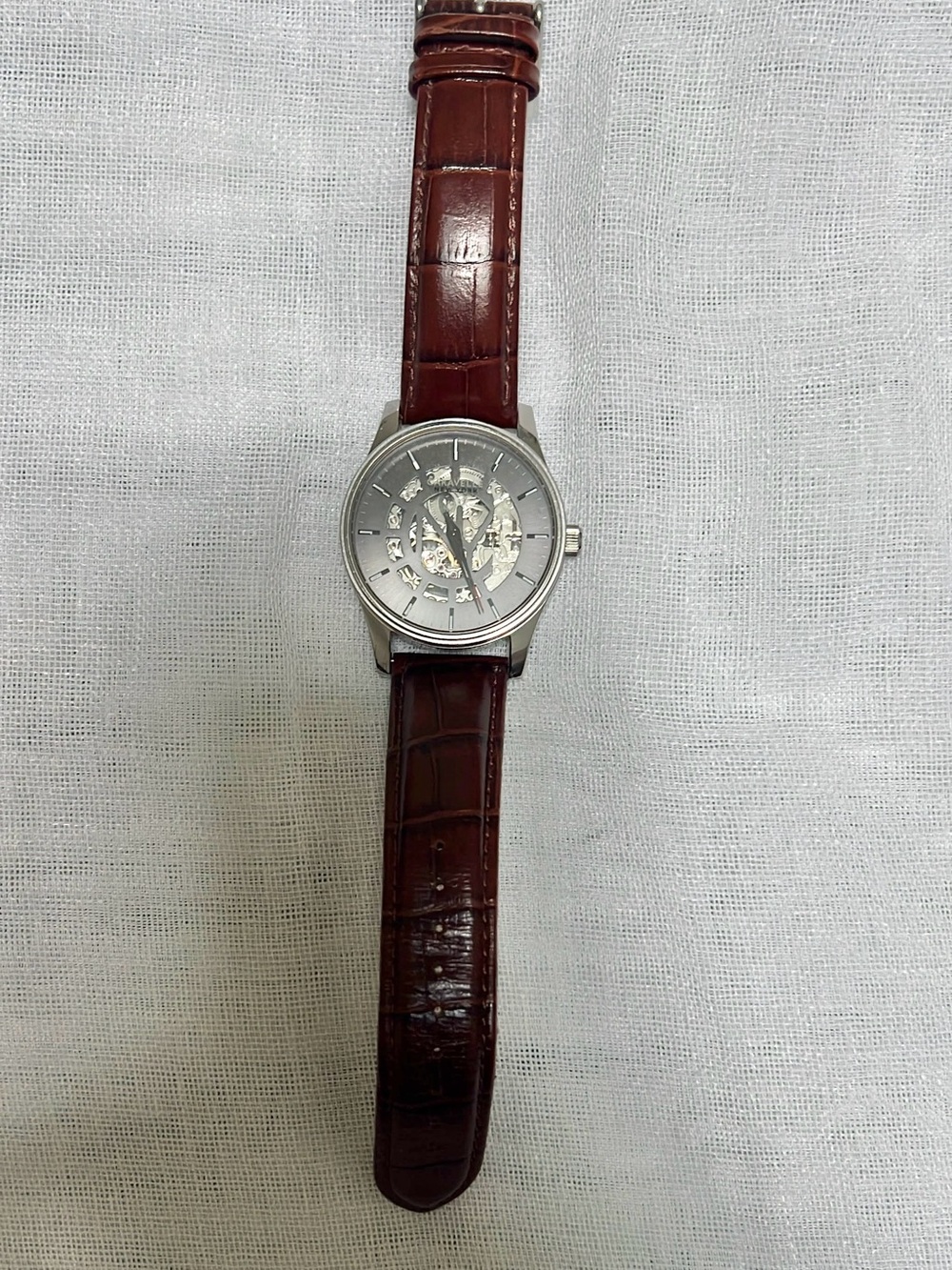 Caravelle 43A123 Men's Skeleton Dial Wristwatch with Brown Leather Strap